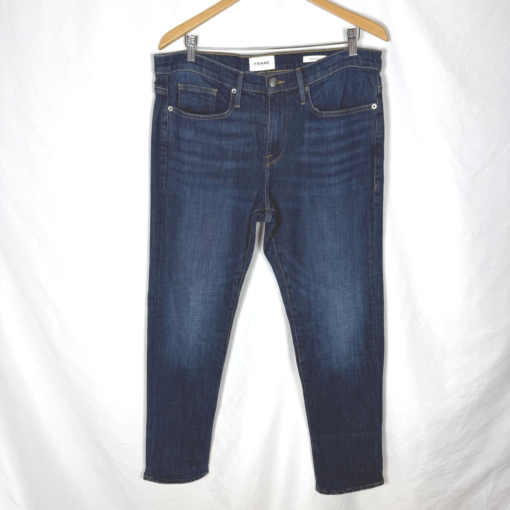 Frame Men's L'Homme Slim Fit Stretch Jeans Baltic Dark Wash 33/29 Hemmed EUC